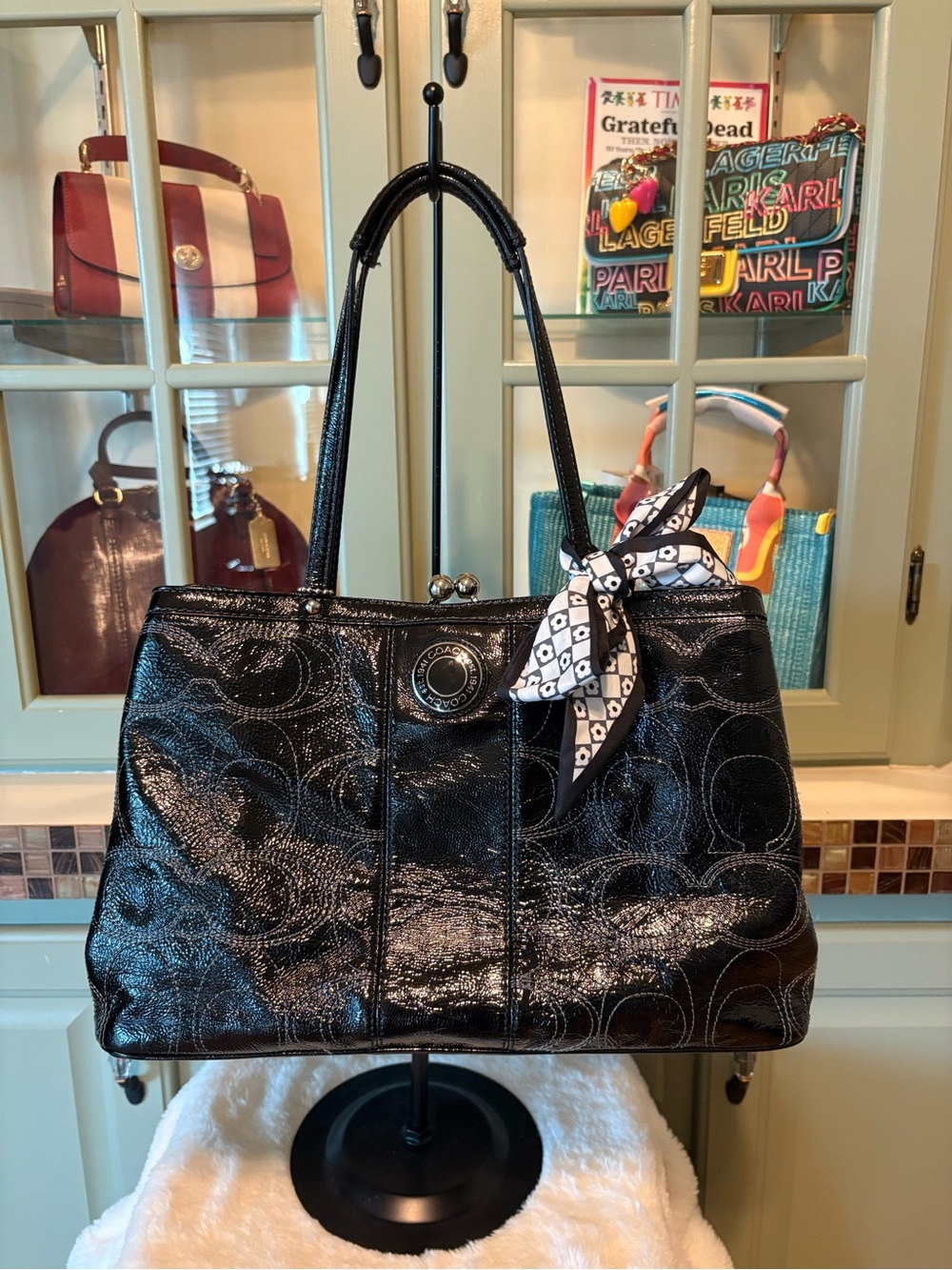 Coach Black Patent Leather Tote with Monogram Emboss and Scarf Accent